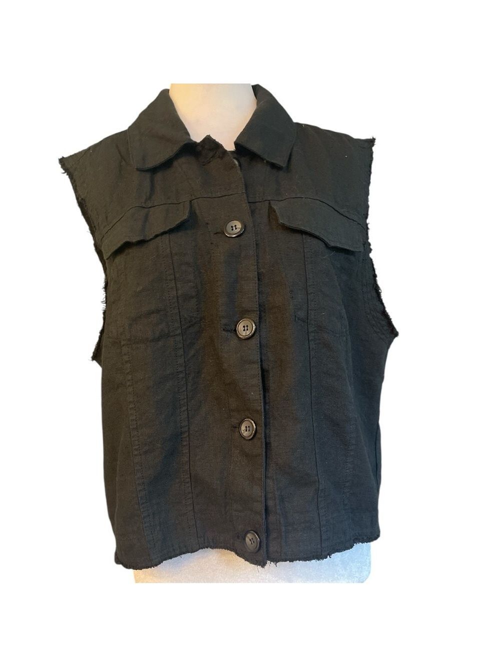 REBECCA ELLIOT L black trucker style button up tab pocket sleeveless vest